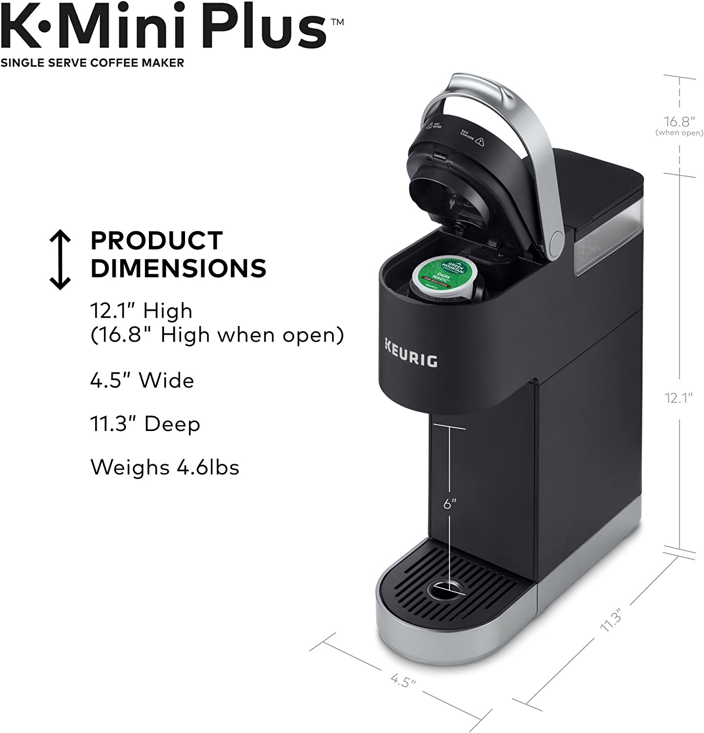 Keurig K-Mini Plus Coffee Maker, Single Serve K-Cup Pod Coffee Brewer, 6 to 12 oz. Brew Size, Stores up to 9 K-Cup Pods, Black